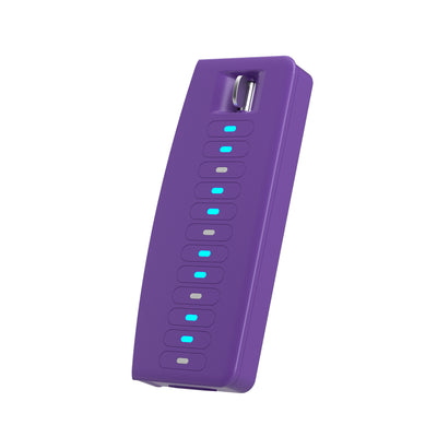 A purple MIDI controller with blue light indicators.