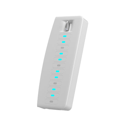 A white MIDI controller with blue light indicators.