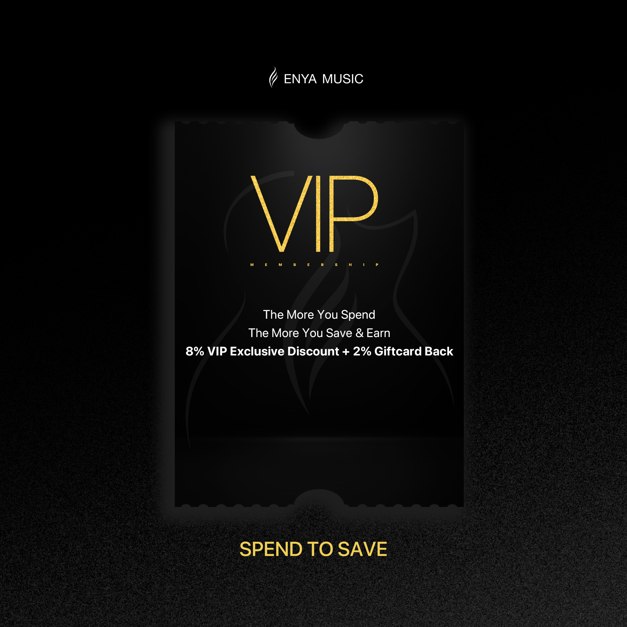 VIP membership card for Enya Music with promotional text on a black background