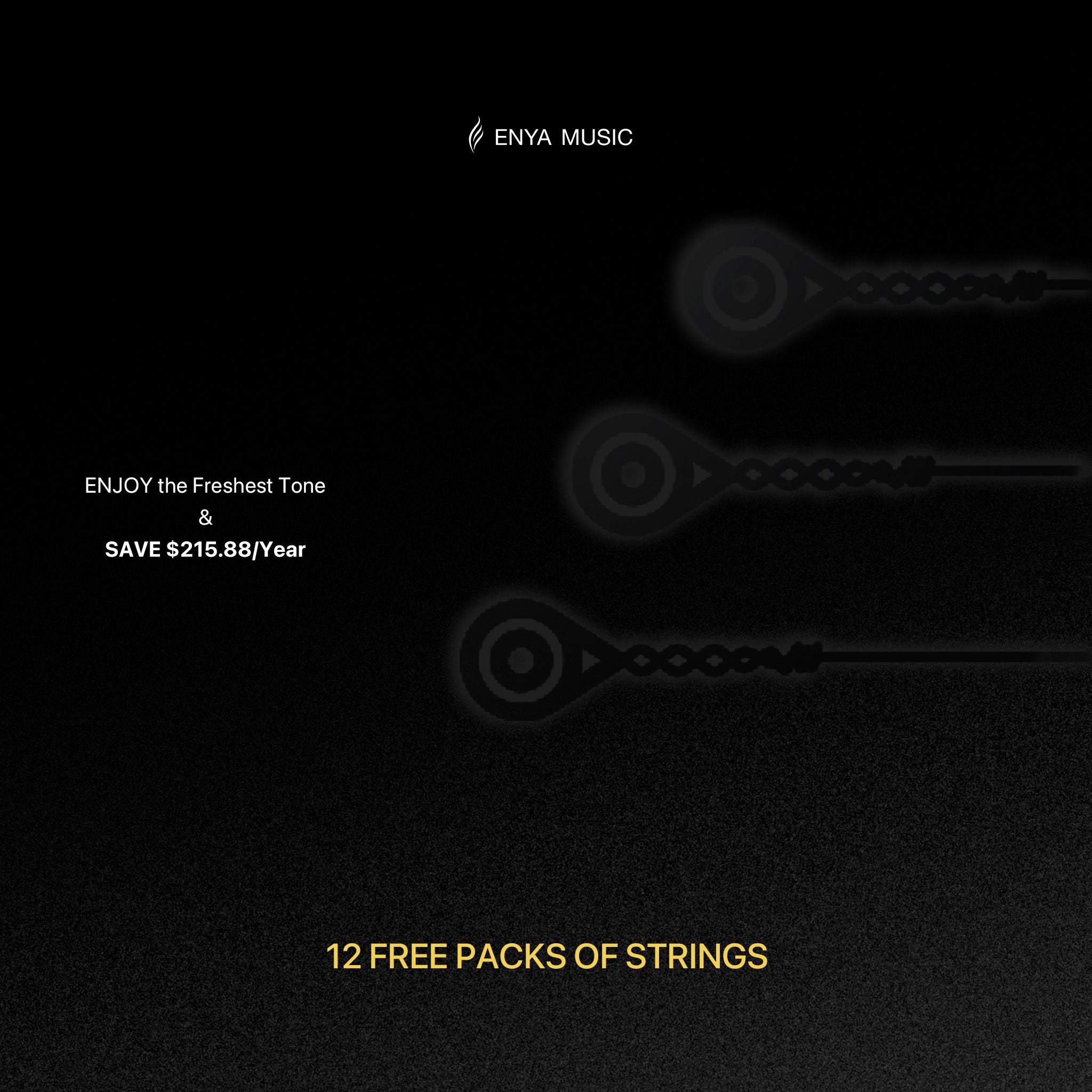 Promotional graphic for Enya Music with text and logo on a black background
