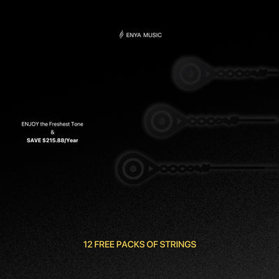 Promotional graphic for Enya Music with text and logo on a black background