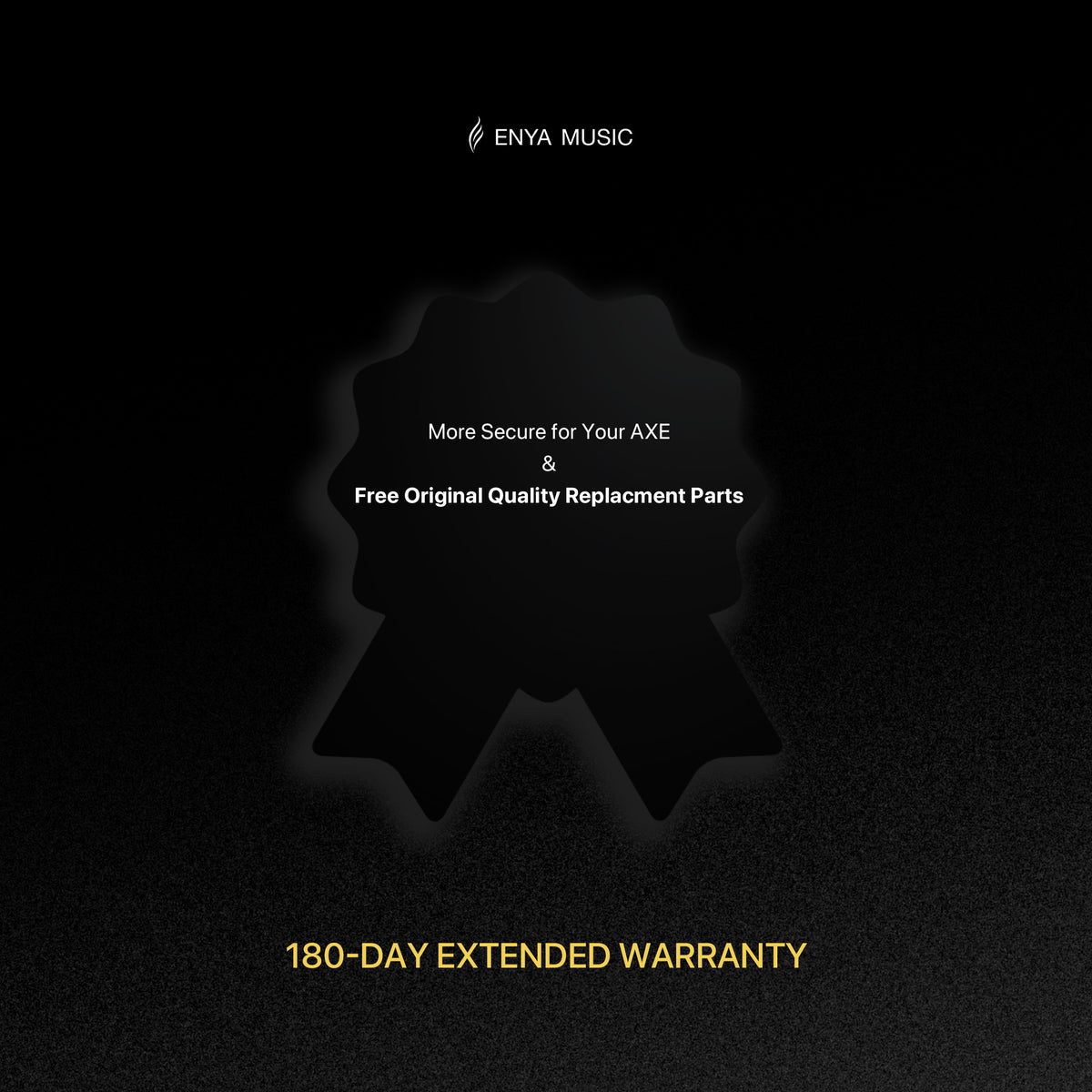 Black background with Enya Music branding and text about product security and warranty offer.