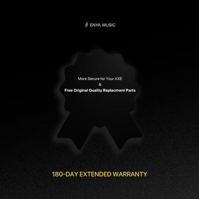 Black background with Enya Music branding and text about product security and warranty offer.