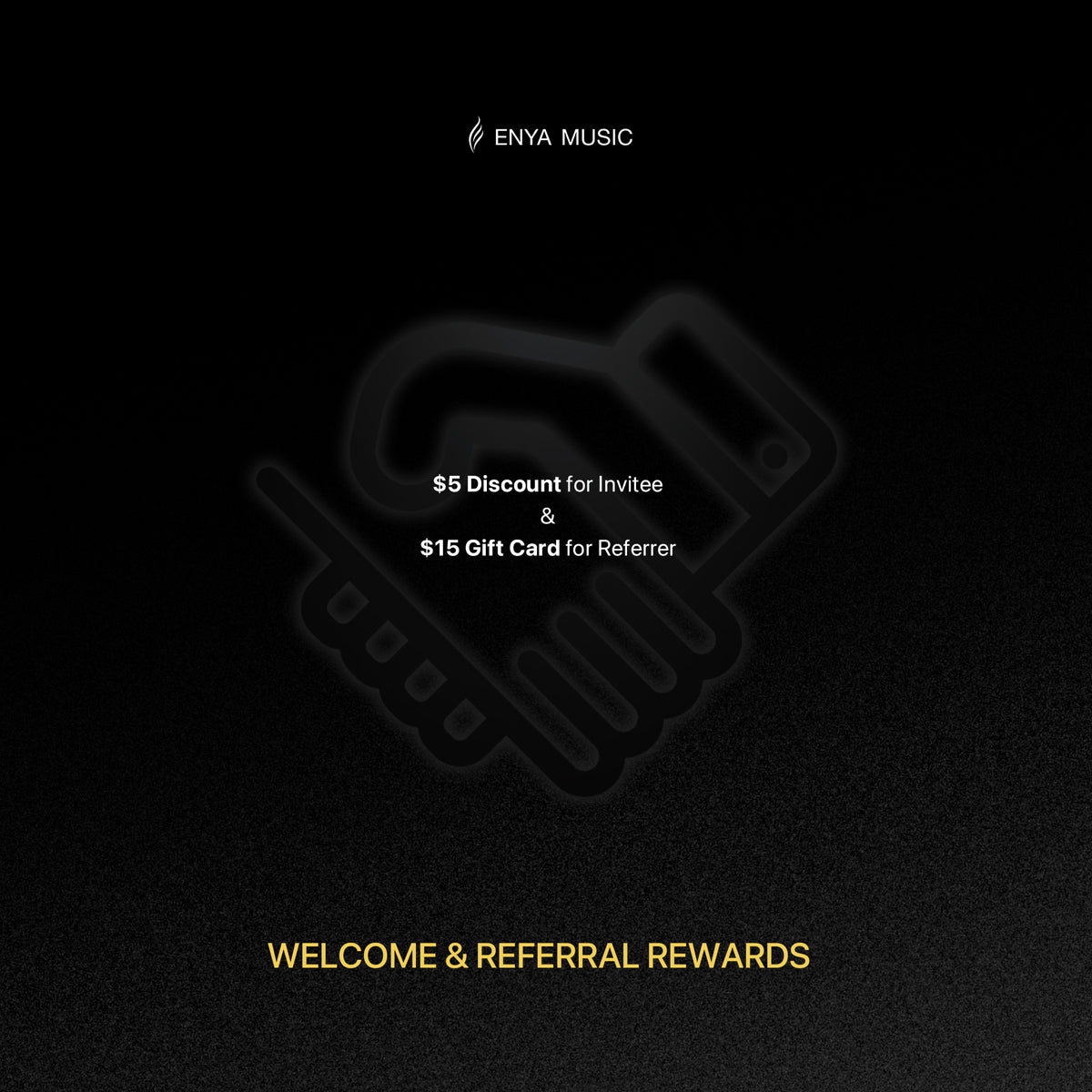Black background with Enya Music logo and text about welcome and referral rewards.