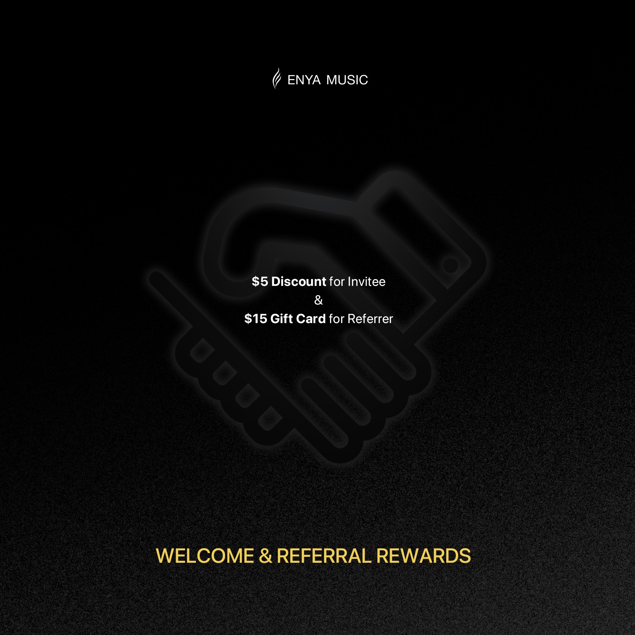 Black background with Enya Music logo and text about welcome and referral rewards.