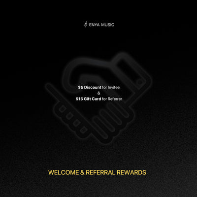 Black background with Enya Music logo and text about welcome and referral rewards.