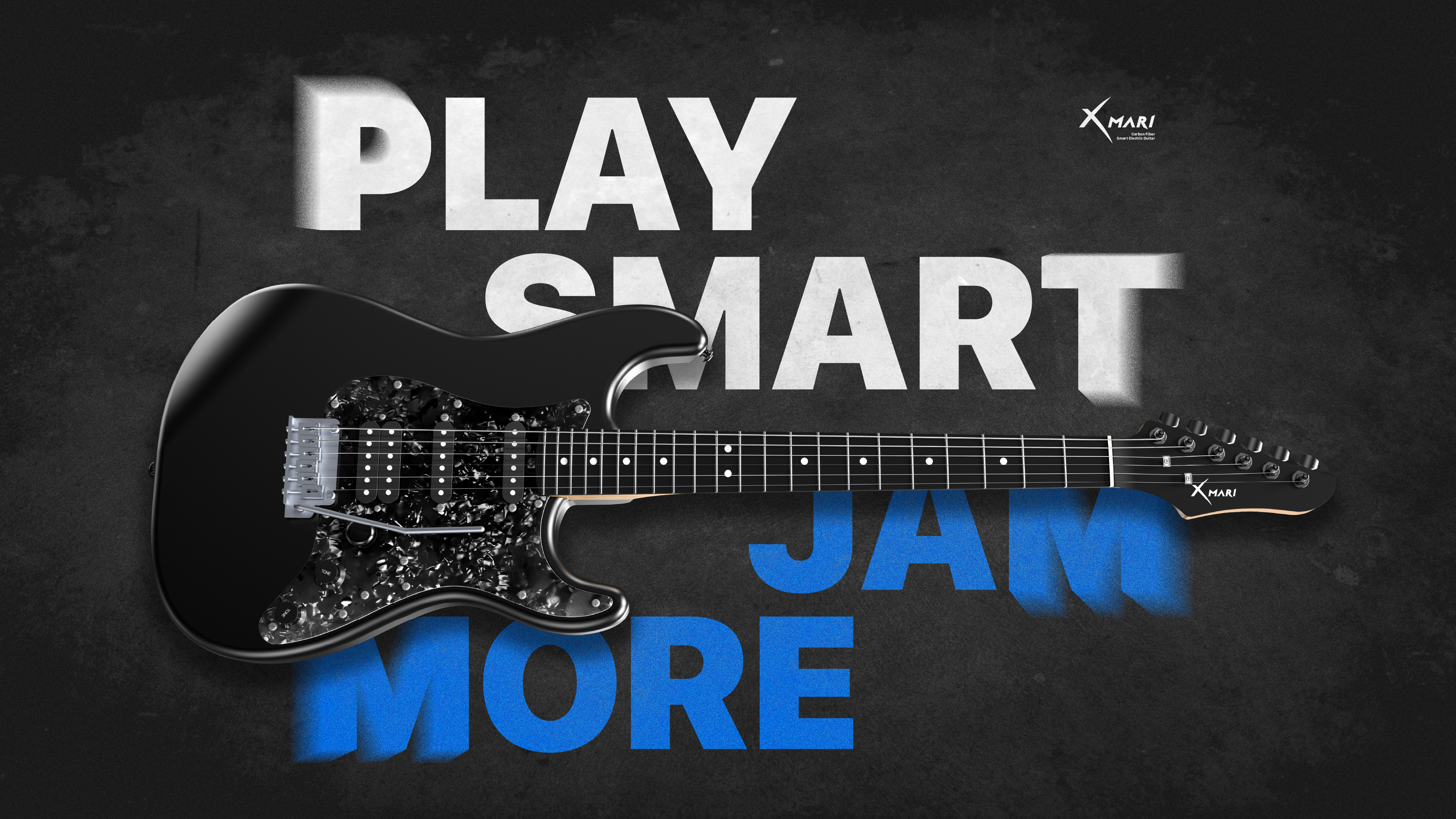 Guitar with 'Play Smart Jam More' text on a dark background