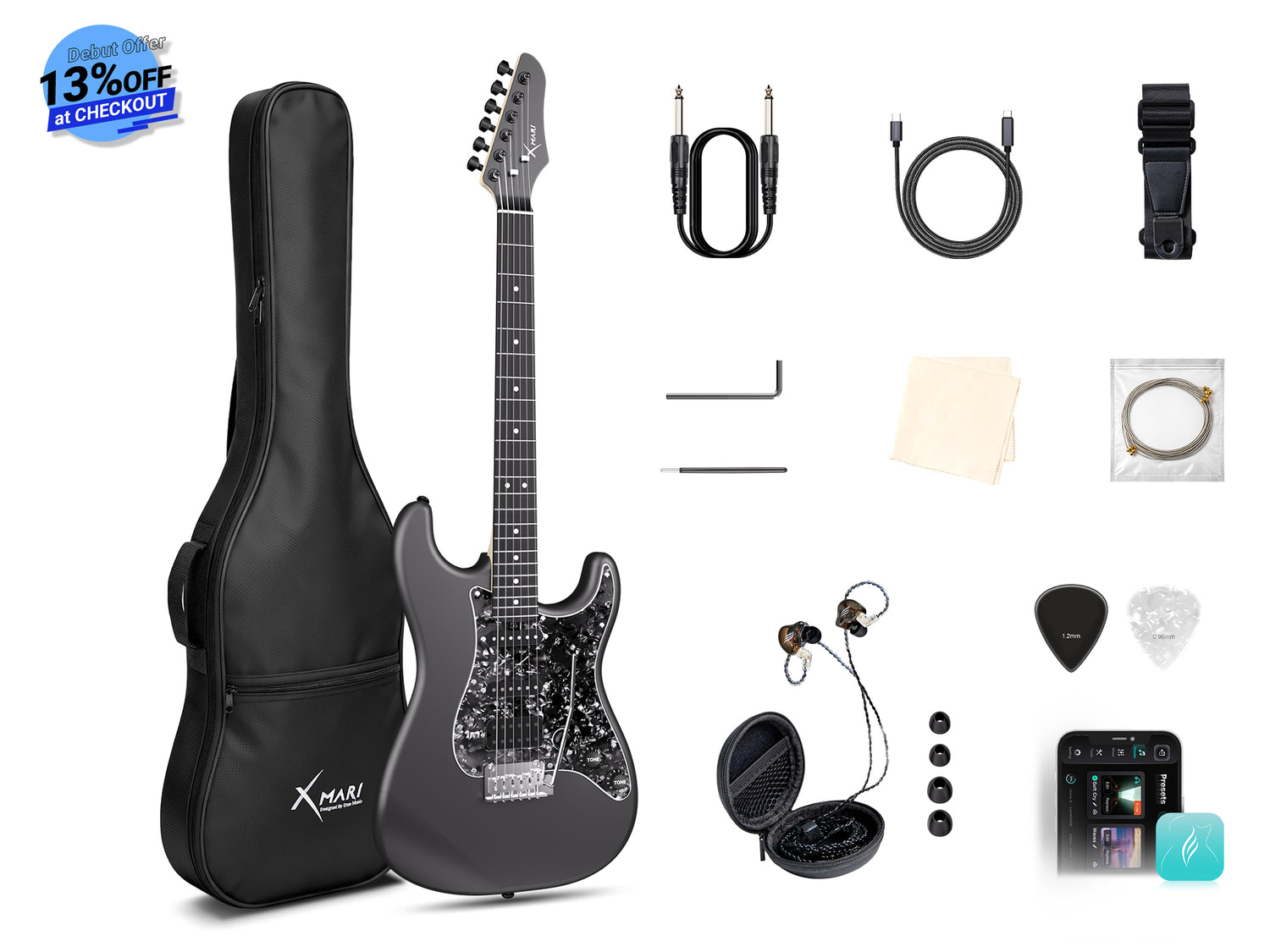 Black electric guitar with accessories on a white background