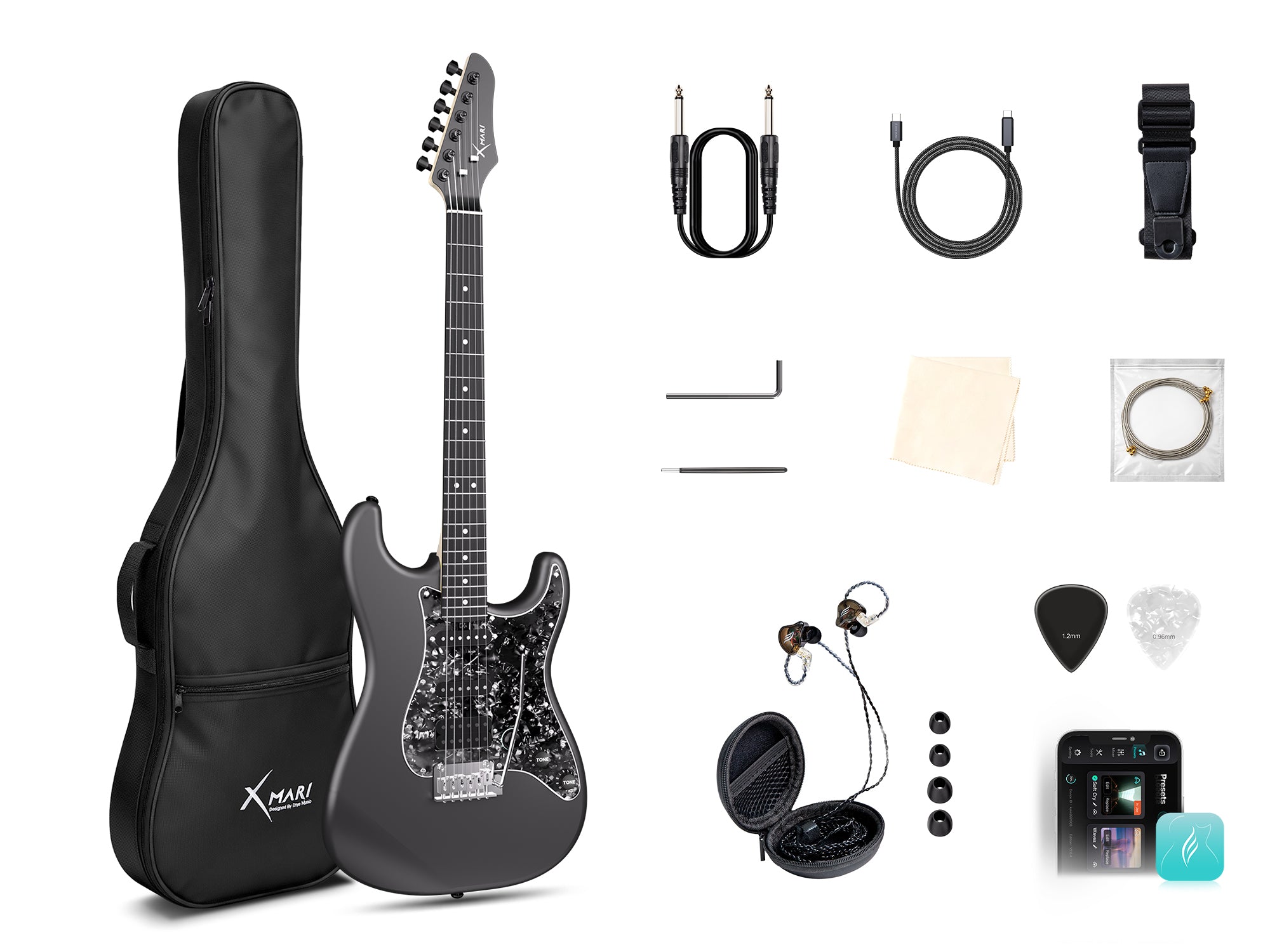 Electric guitar with accessories including case, cables, earphones, and picks on a white background