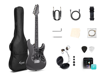 Electric guitar with accessories including case, cables, earphones, and picks on a white background