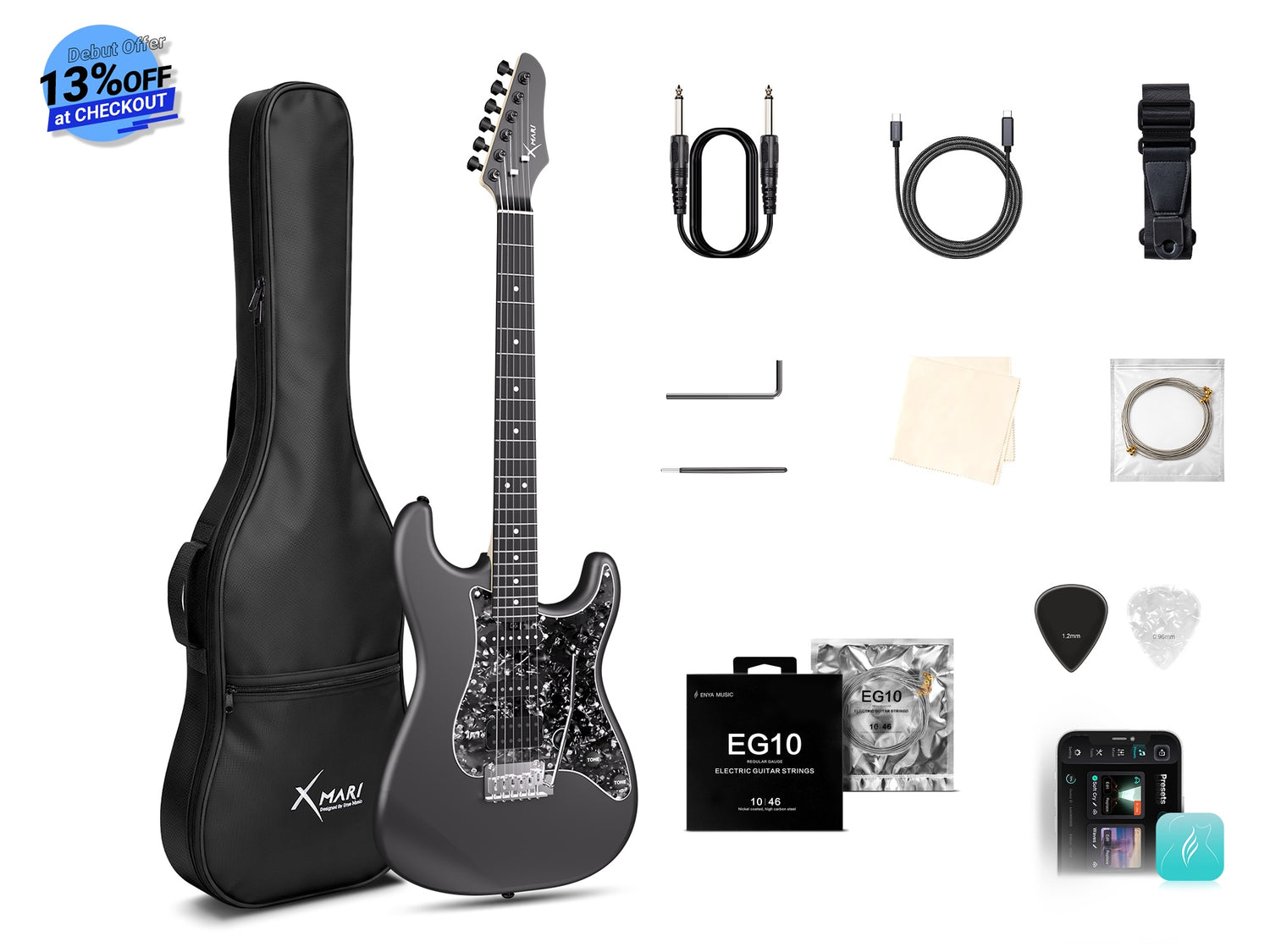 Electric guitar with accessories on a white background