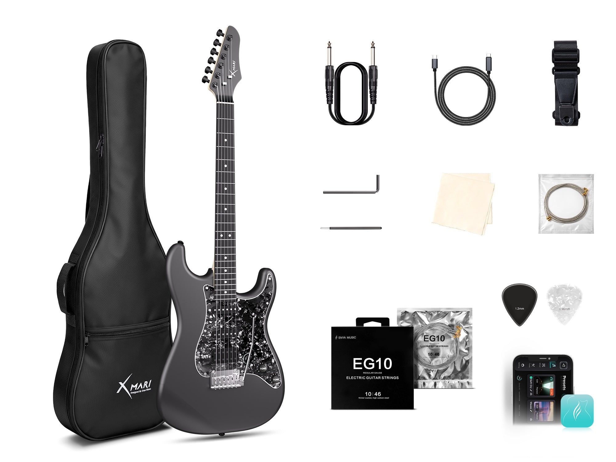 Electric guitar with accessories including case, cables, strap, and pick on a white background