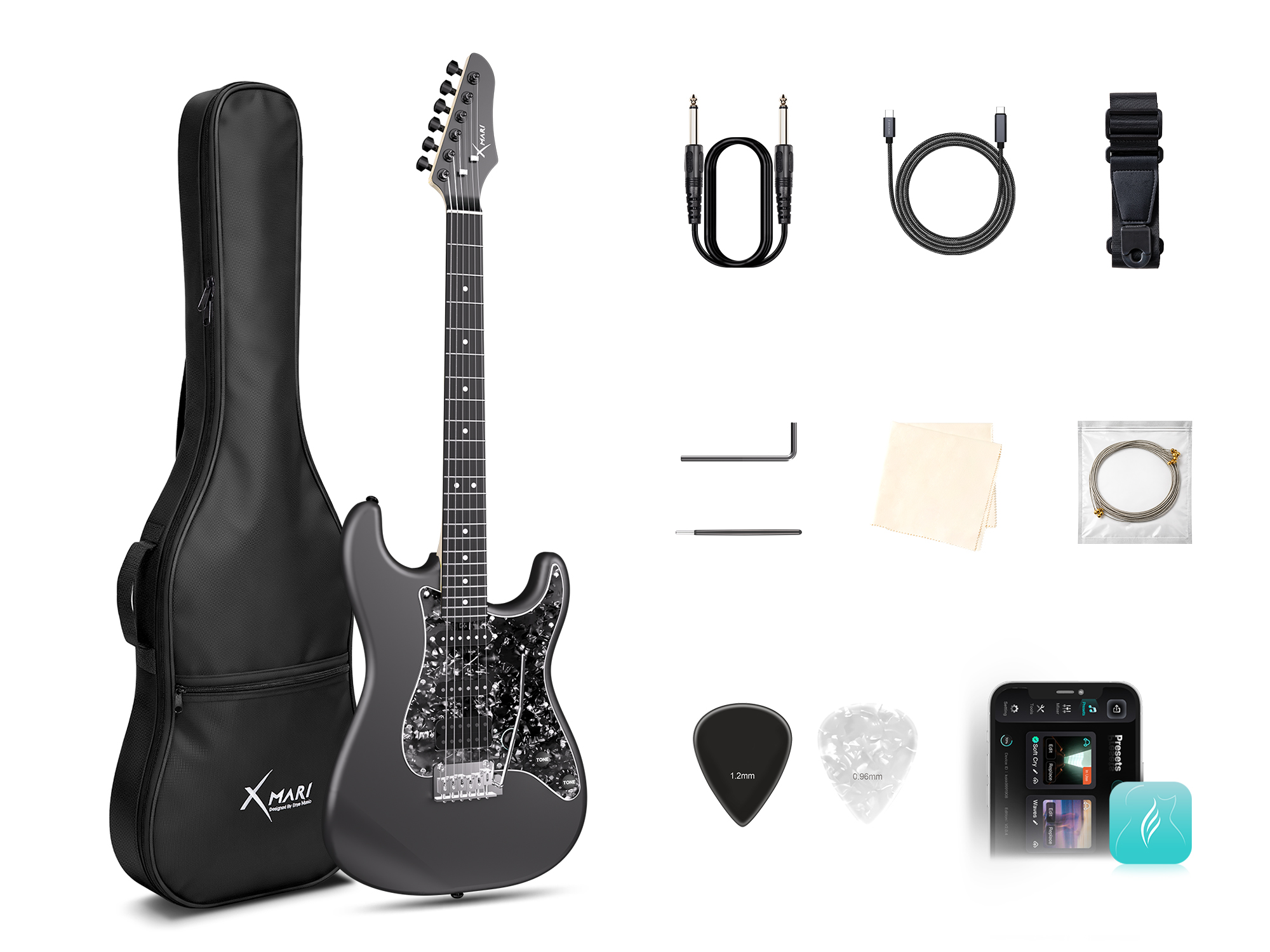 Black electric guitar with accessories including case, cables, strap, and pick on a white background