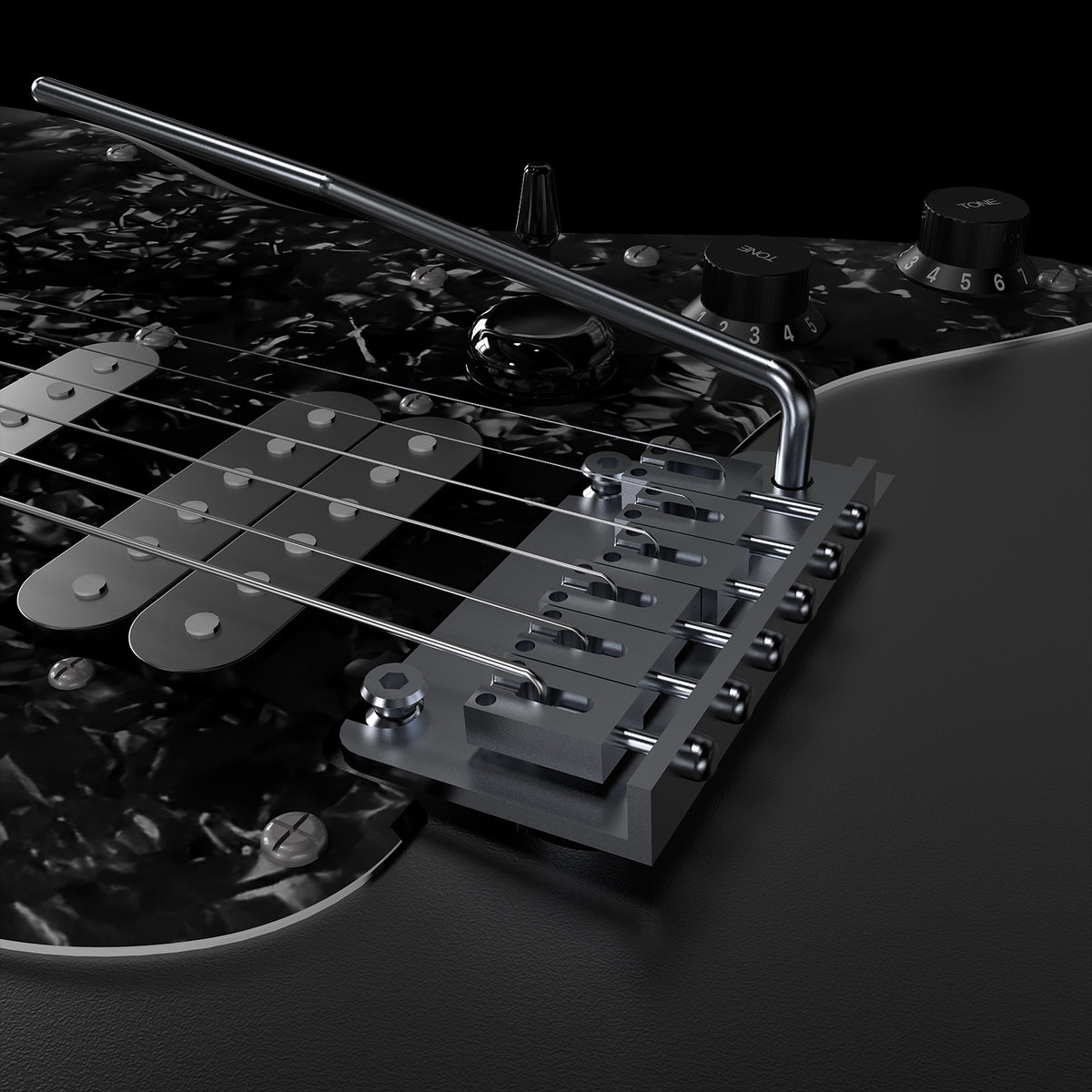Close-up of a guitar's pickup and bridge on a dark background