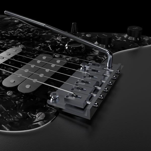 Close-up of a guitar's pickup and bridge on a dark background