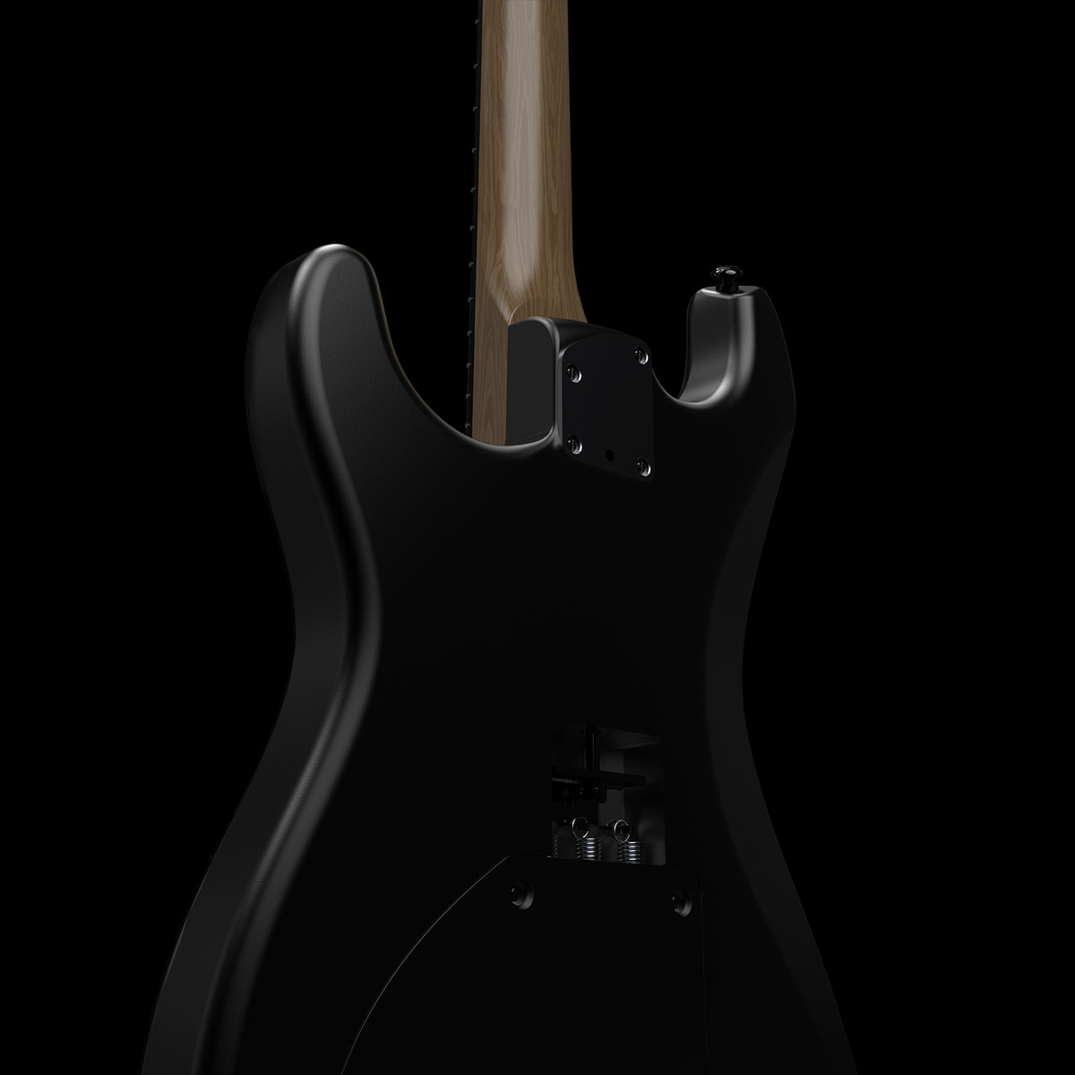 Black electric guitar with a wooden neck on a black background