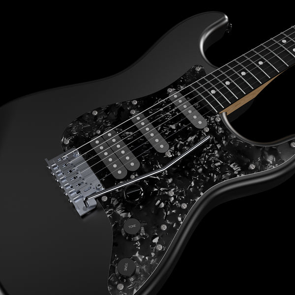 Black electric guitar with a textured body on a black background